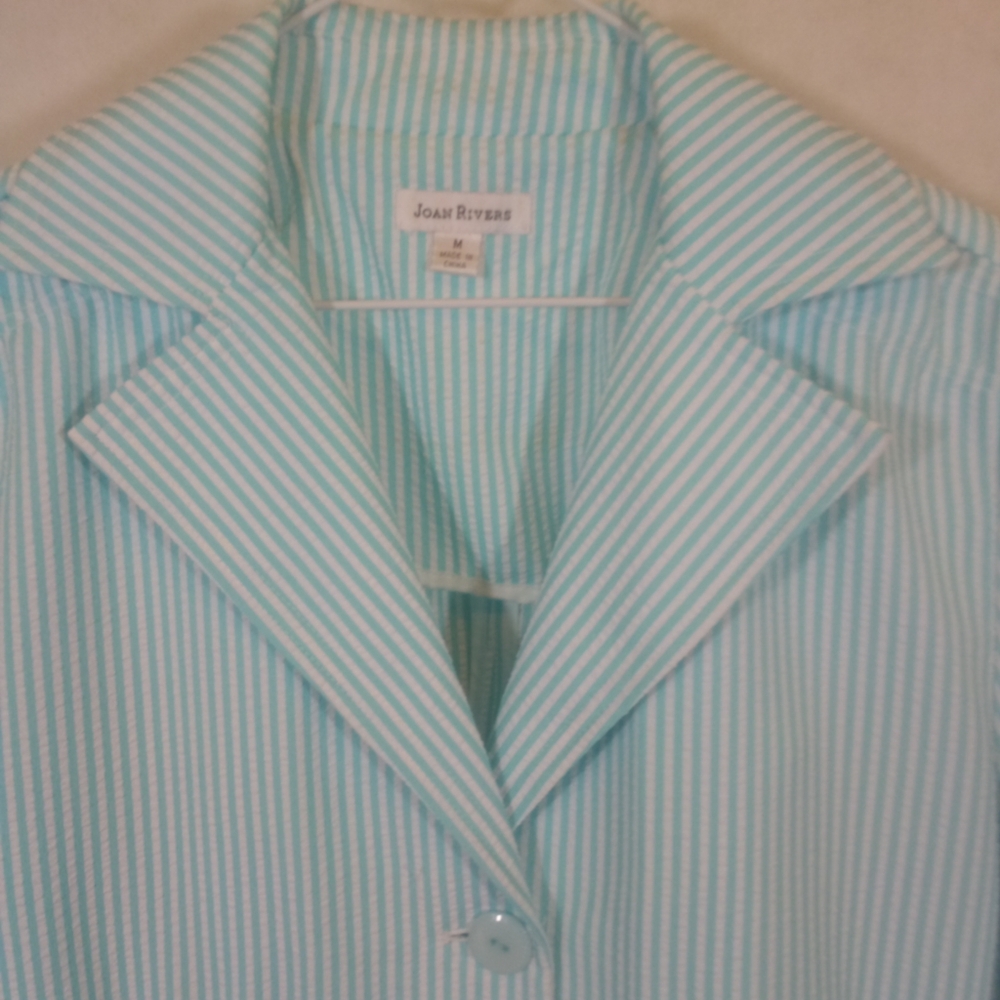 Vintage 80's Joan Rivers Blue White Striped Seersucker Button Down Jacket Med - Picture 2 of 5
